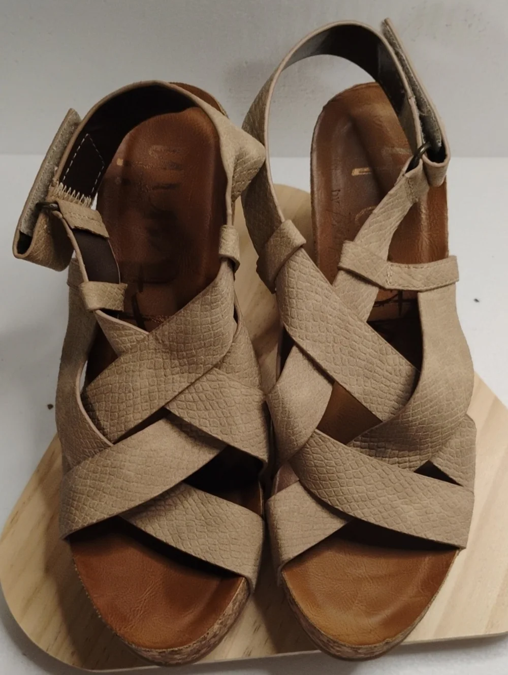 Blowfish Taupe Crisscross Wedge Sandals